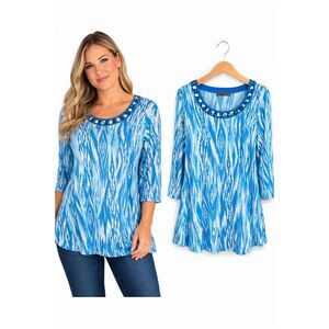 New Belldini Knit Tunic Top Large Blue Ikat Jewel Neck 3/4 Sleeve